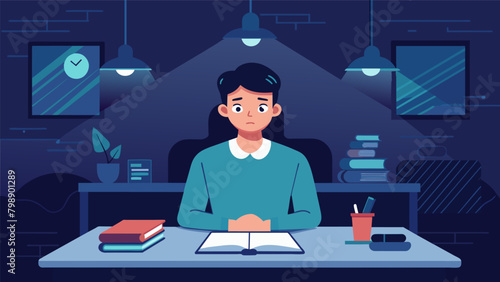 In a testing center a student with anxiety is given a private room with dim lights and a calming soundtrack to help them relax during the exam.. Vector illustration