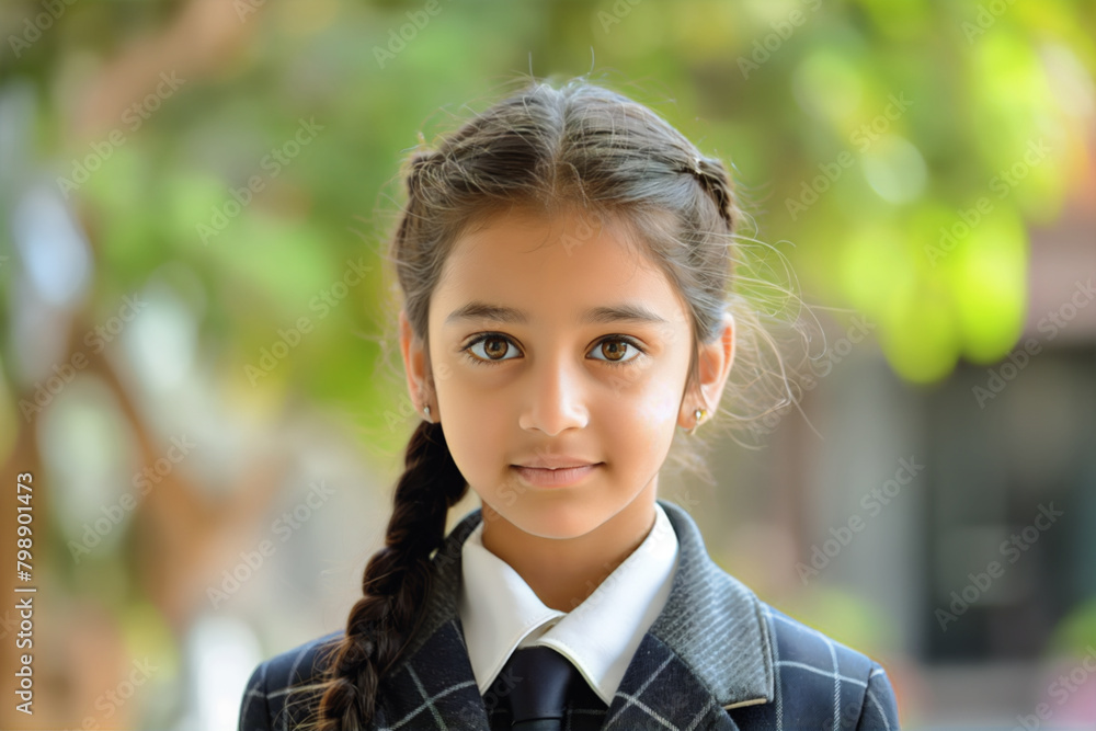 Portrait of a young girl wearing a school uniform, smiling gently with a natural, green background. Perfect image capturing the innocence and hope of childhood education Portrait of a young girl wearing a school uniform, smiling gently with a natural, green background. Perfect image capturing the innocence and hope of childhood education