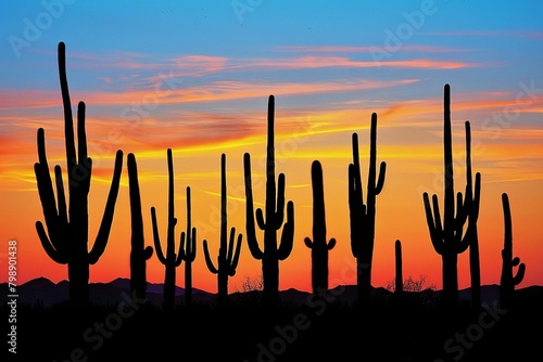 Majestic Saguaros Embracing Vibrant Sunset Skies in Desert Serenade