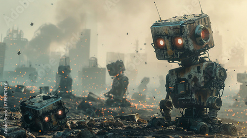 A vast junkyard filled with the carcasses of broken robots their blank eyes staring sightlessly at the sky