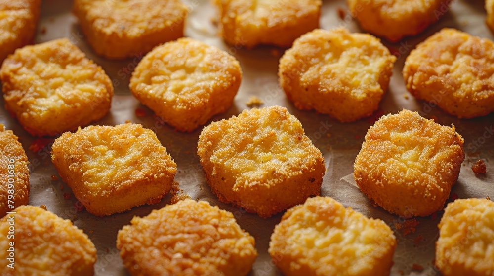 A close-up of frozen chicken nuggets arranged on a baking tray, ready to be cooked in a home kitchen, appealing to consumers seeking convenient and tasty meal solutions. A close-up of frozen chicken nuggets arranged on a baking tray, ready to be cooked in a home kitchen, appealing to consumers seeking convenient and tasty meal solutions.