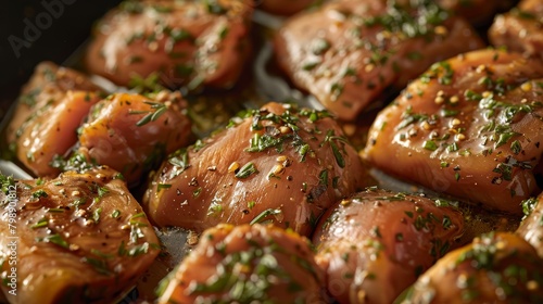 A close-up of frozen chicken thighs marinating in a flavorful sauce, ready to be grilled or roasted for a delicious meal, appealing to home cooks and food enthusiasts. photo