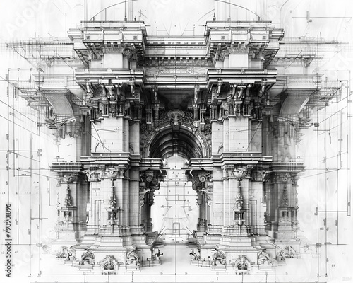 Blueprints for an aweinspiring yet morally questionable structure Demonic imagery subtly woven into architectural details with the clients face obscured