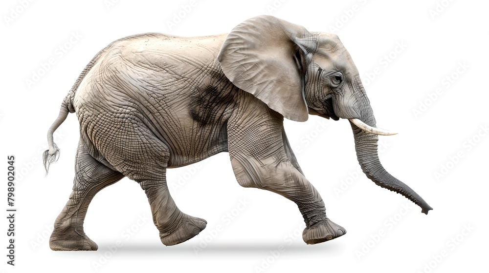 Obraz premium Lone African Elephant Walking Isolated on White Background. Majestic Animal in Natural Style Depiction, Ideal for Educational and Commercial Uses. AI