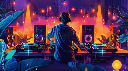 A DJ spinning records with turntables and speakers in a nightclub, showcasing the art of DJing.