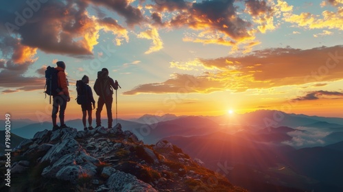 Three Hikers Watching Sunrise from a Mountain Peak