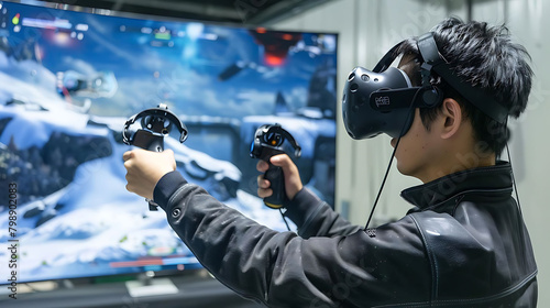 virtual reality gaming equipment on display in front of a white wall, with a black man wearing a bl