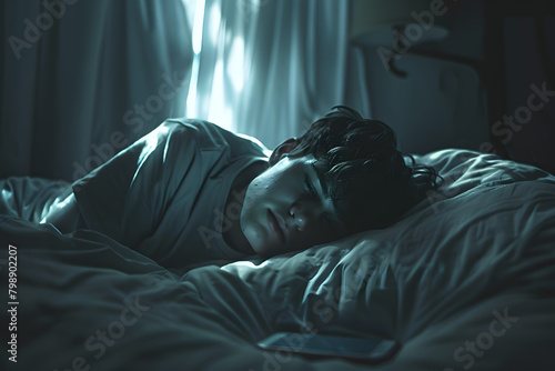 A male teenager's face under blue lights from a mobile phone. A boy focuses on a smartphone in his hands while lying in bed  © photo for everything