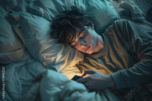 A male teenager's face under blue lights from a mobile phone. A boy focuses on a smartphone in his hands while lying in bed  photo
