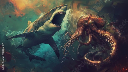 A dramatic scene of a fierce battle between a shark and a giant squid in the deep ocean abyss. photo