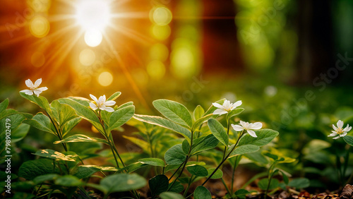 太陽の光に照らされた野生に咲く白い花と植物 photo