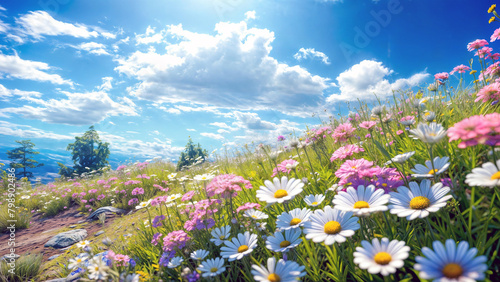 青空と白い雲と太陽の下で咲き誇るコスモスの花畑