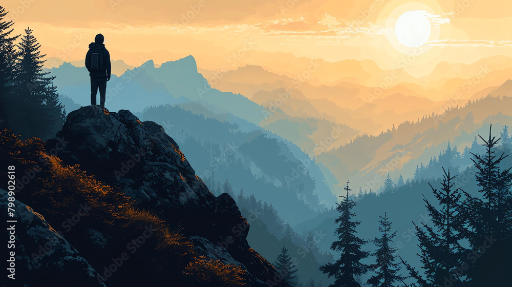 Artwork of a Hiker Standing Atop a Mountain Watching a Sunset With an Abundance of Negative Space