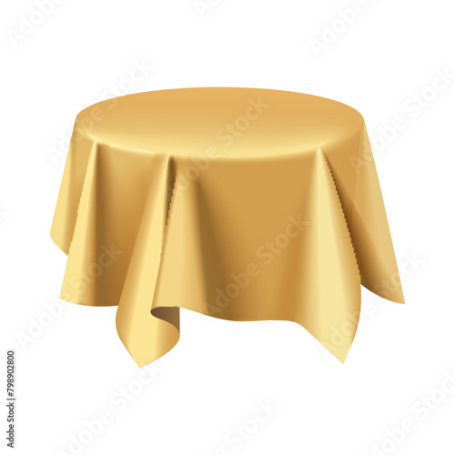 Gold silk fabric tablecloth on round table, 3D realistic blanket vector illustration