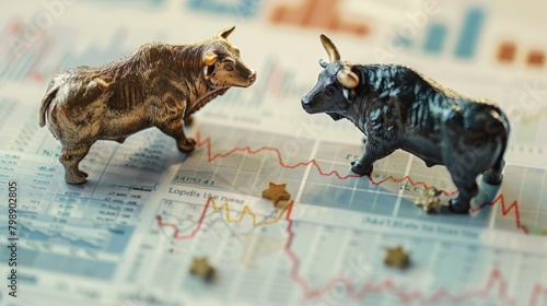 A dynamic image of a bull and bear figurine placed on opposite ends of a stock market graph, symbolizing market trends.