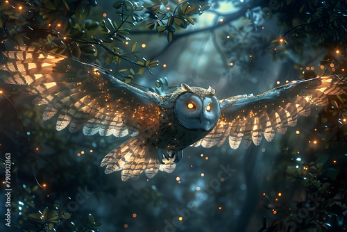 The owl flies silently through the night sky, its wings beating softly against the air photo