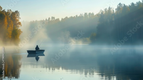 Foggy Morning Fishing in a Boat on a Calm and Peaceful Lake
