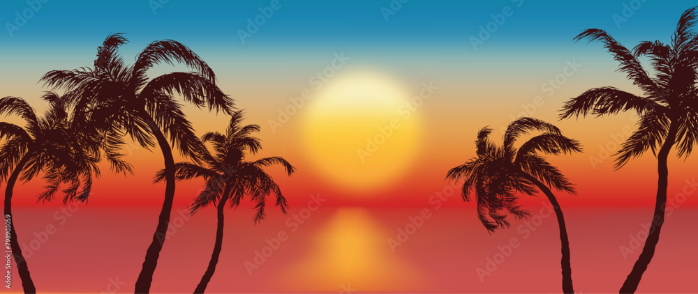 illustration sunset landscape on the beach with coconut trees