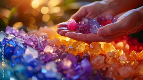 A crystal therapy session, with therapist placing natural crystals on the body's energy points to balance and harmonize the chakras. photo