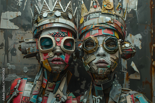 Two AI robots with crown on their heads. They are wearing steampunk style glasses.