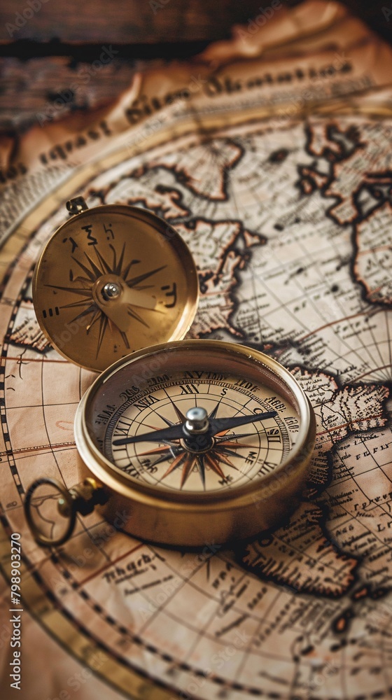 Retro magnetic compass placed on a world map, evoking themes of travel, geography, history, navigation, tourism, and exploration.