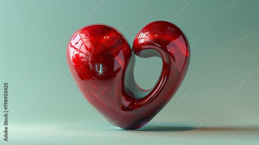 Glossy crimson heart sculpture twists elegantly against a mint green backdrop casting subtle shadows that speak to contemporary love expressions.