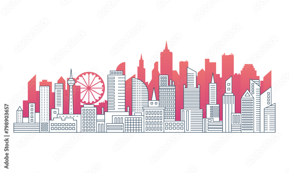 City landscape line high buildings and red silhouettes, panorama of modern town vector illustration