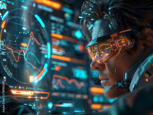 A malevolent hacker wearing augmented reality glasses hacks into a highly secure computer system.