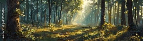 An anime-style drawing of a charming forest with sunlight shining through tree branches