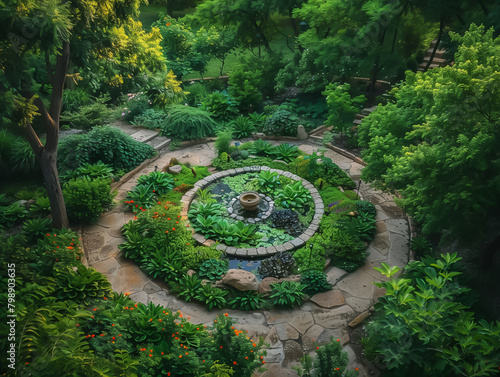 A lush green garden with a stone path and a fountain in the center.