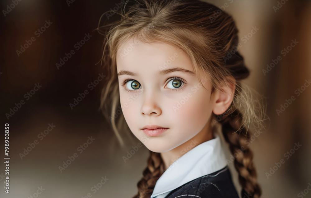 Close-up portrait of a young girl with beautiful green eyes, braided hair, and a subtle backdrop, showcasing a pure and innocent expression, perfect for a variety of concepts