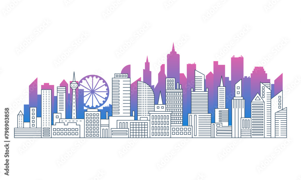 City buildings of downtown and line houses with purple gradient silhouettes vector illustration