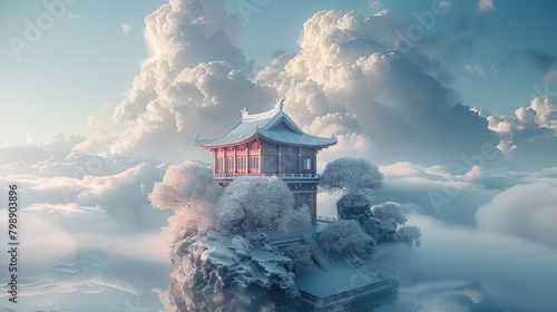 Chinese house on the sky, in the style of delicate fantasy worlds, winter. Generative AI.
