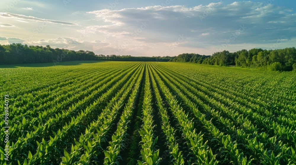 Aerial view of a corn plantation, showing the expansive rows for animal feed production.