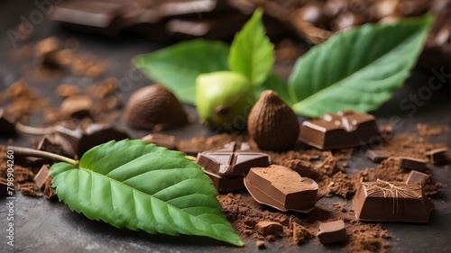 a close-up of some leaves and chocolate. Some of the cocoa is still green, while some is brown, depending on the state of maturity. The green leaves give the picture a splash of color.  photo