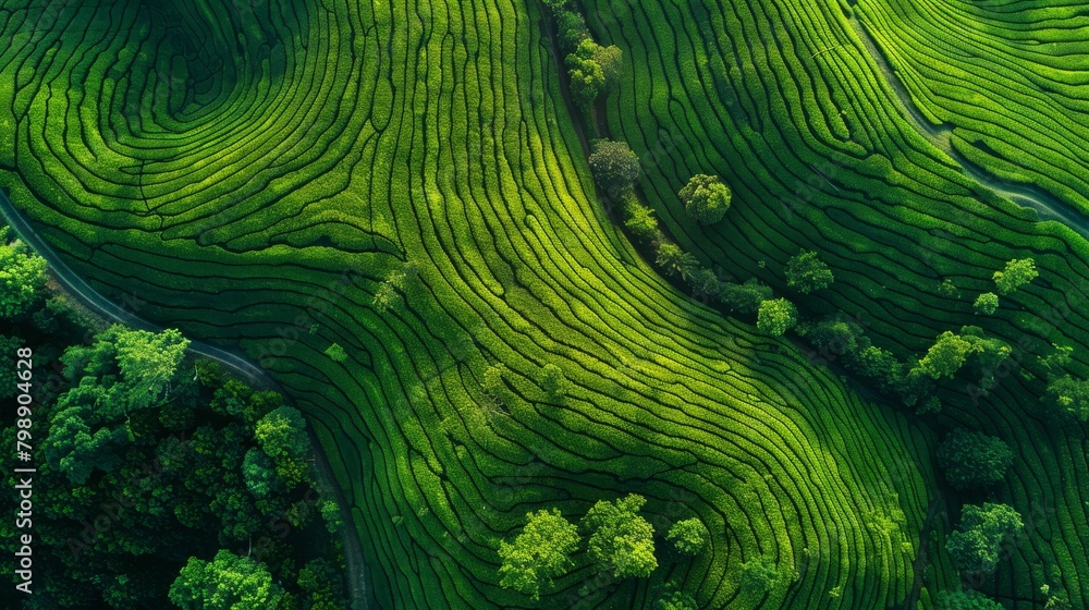 Aerial view of tea plantations forming a vibrant green pattern on rolling hills.