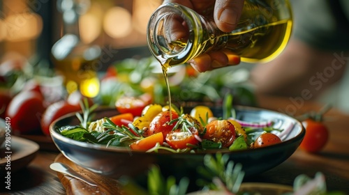 A hand pouring olive oil over a salad with precision and care. photo