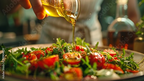 A hand pouring olive oil over a salad with precision and care. photo