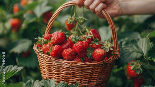 A hand picking ripe strawberries from a basket.