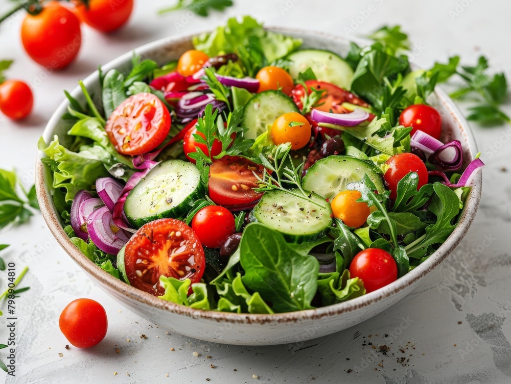 A bowl of vibrant salad ingredients arranged on a clean white surface.