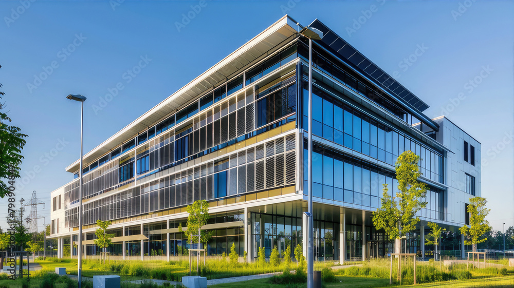 A birds eye view of a spacious building adorned with solar panels on top, surrounded by urban infrastructure and green landscape A birds eye view of a spacious building adorned with solar panels on top, surrounded by urban infrastructure and green landscape