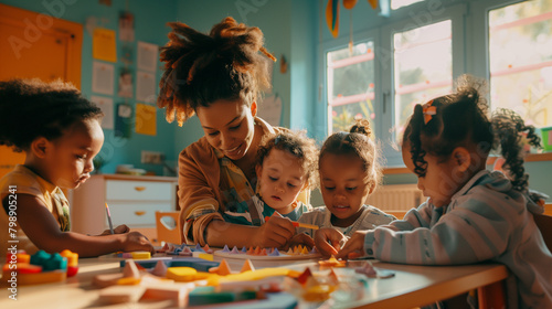 A preschool teacher helping a diverse group of toddlers with a hands-on craft project in a brightly colored classroom, Teacher's day, natural light, soft shadows, blurred backgroun photo