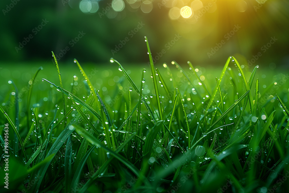 Detailed view of green grass with water droplets on its surface