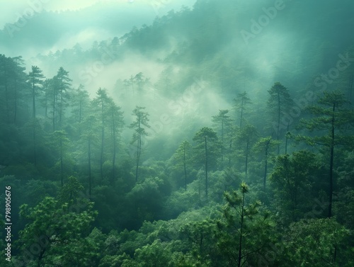 A forest with trees and fog. The trees are green and the sky is cloudy