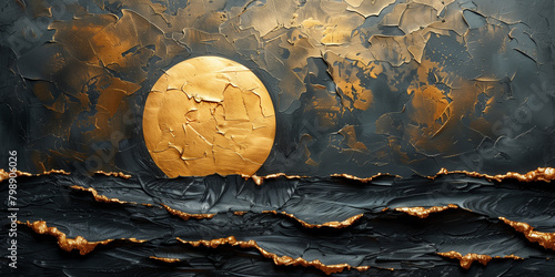 Painting featuring a textured gold disk against a black background photo