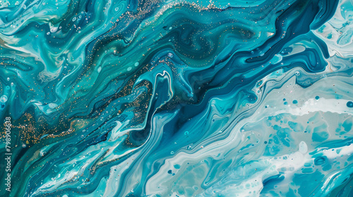 Ethereal turquoise marble ink meanders serenely through a captivating abstract canvas, adorned with delicate glitters, imbuing a sense of tranquility.
