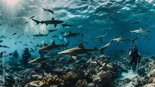 A group of divers observing a mesmerizing school of reef sharks in their natural habitat.