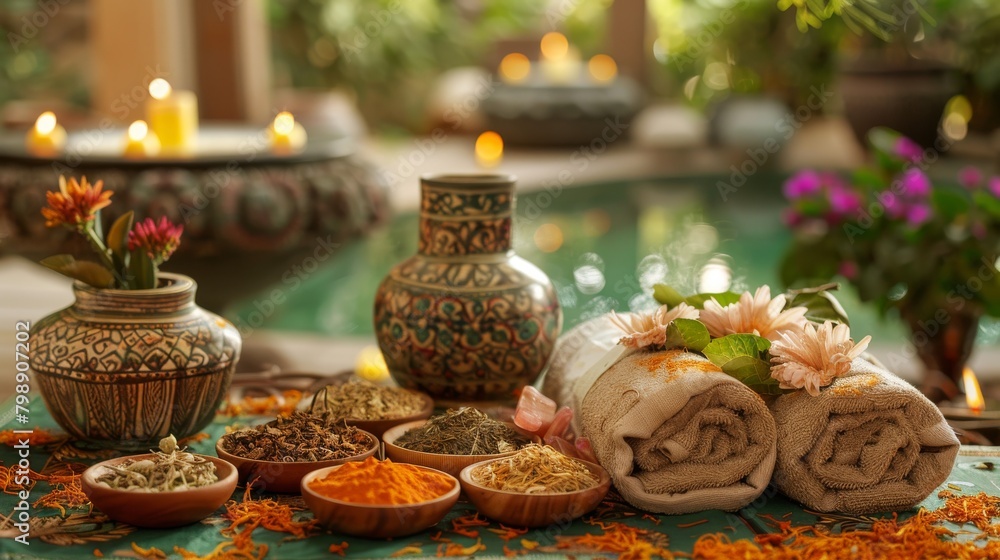 A herbal compress massage treatment, with therapist using natural herbs to soothe muscles and improve circulation.