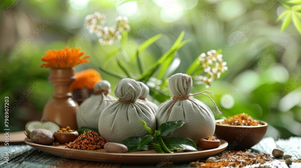A herbal compress massage treatment, with therapist using natural herbs to soothe muscles and improve circulation. A herbal compress massage treatment, with therapist using natural herbs to soothe muscles and improve circulation.