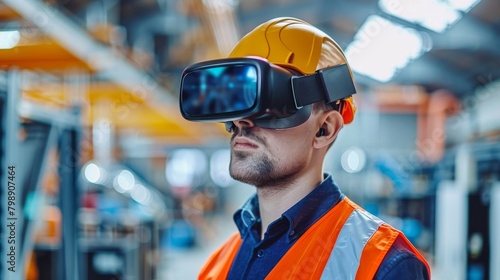 A woman wearing a virtual reality headset is interacting with a computer screen © songwut